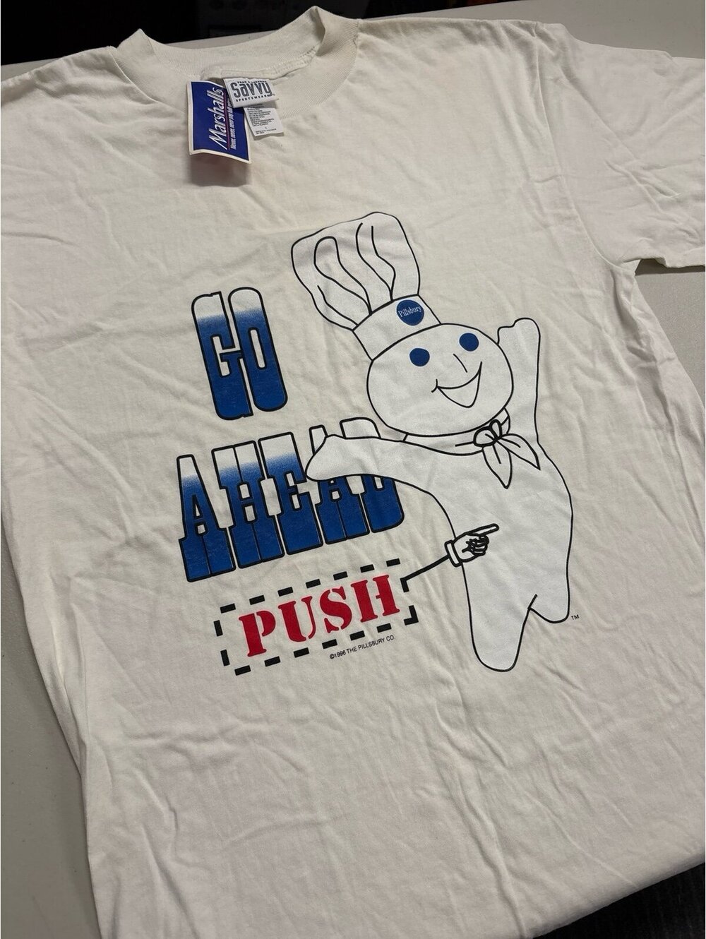 Vtg 1996 Pillsbury Doughboy Go Ahead Push NWT Deadstock T-Shirt Sz L Savvy 90s